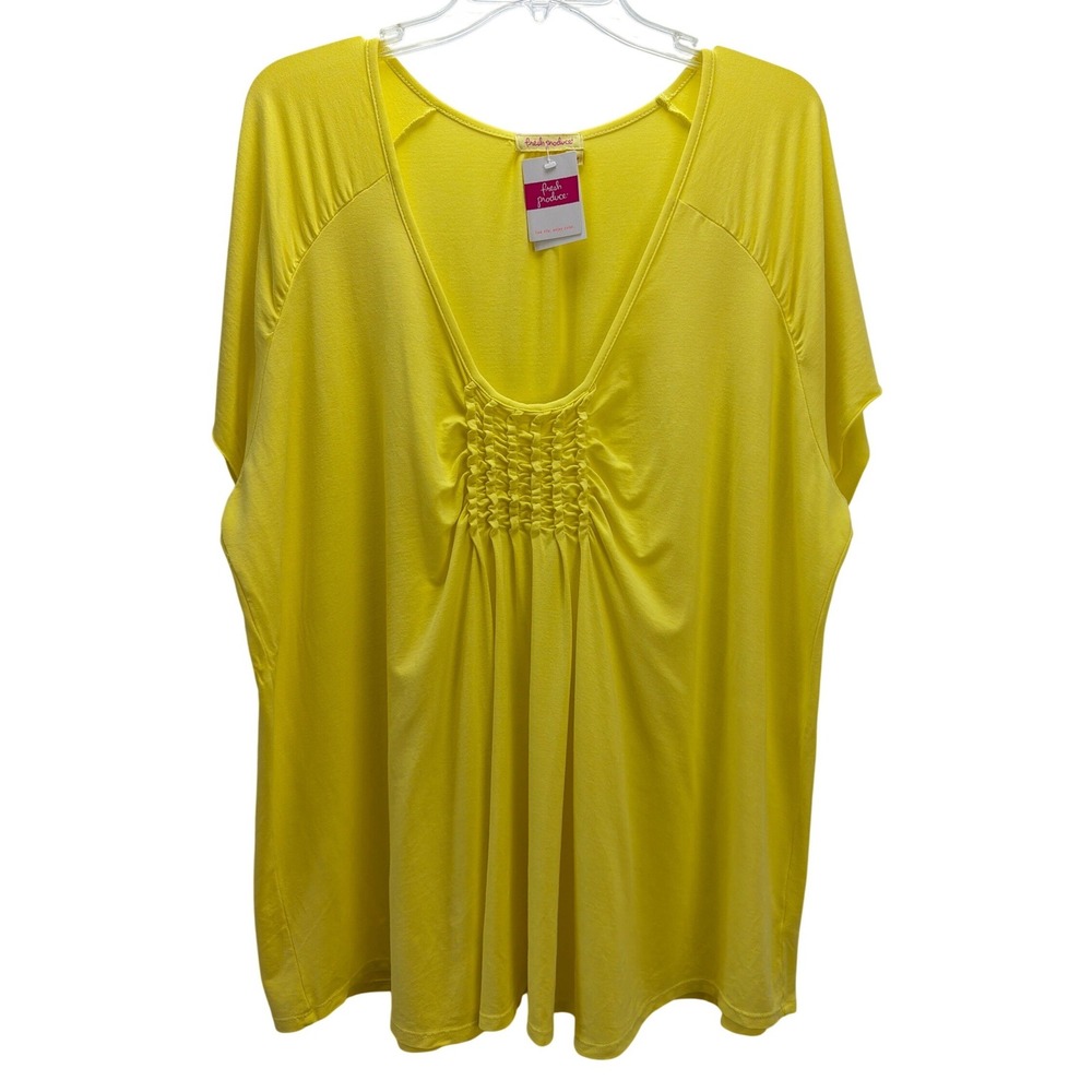 Fresh Produce Bright Yellow Pintuck Front Short Sleeve Top 3X Soft Stretchy